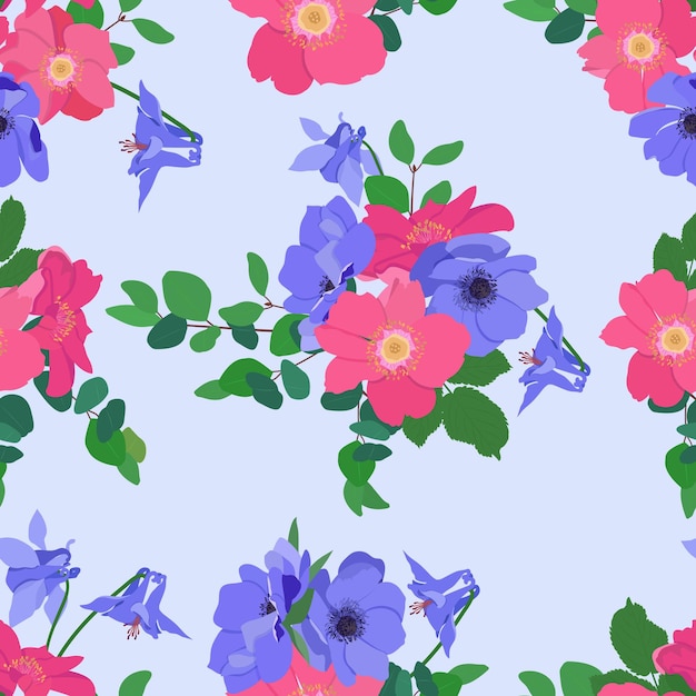 Blumen anemone und hagebutte auf blauem hintergrund nahtlose vektorillustration zur dekoration von textilverpackungen und tapeten
