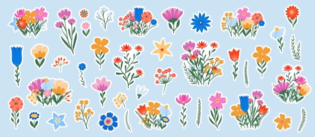 Vektor blumen aufkleber frühling wildblumen clip art blumen aufkleber sammlung