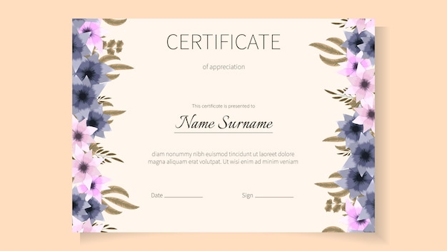 Blumen-blumen-zertifikat-vorlage für das abschlussdiplom für leistungen