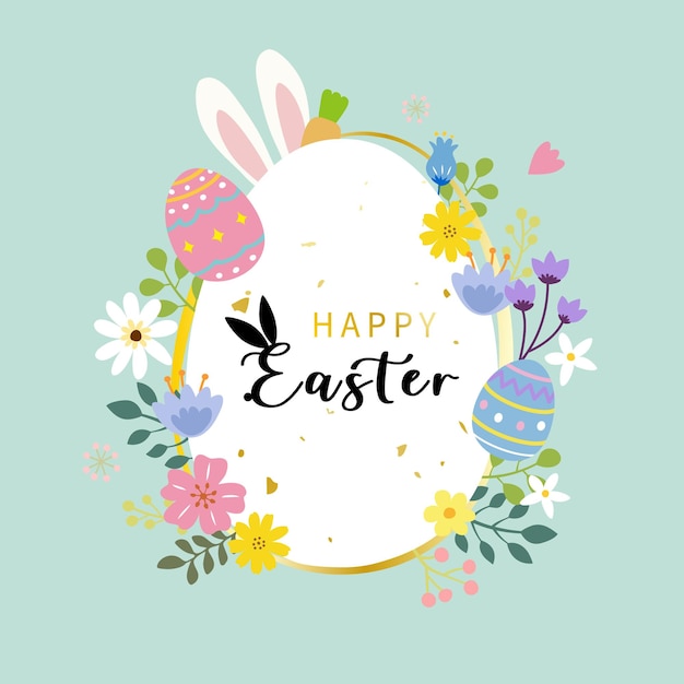 Blumen-Glückliche Ostern-Ovalrahmen mit Kaninchen und Eiern Banner Poster Grüßkarte