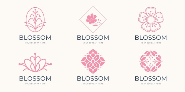 Vektor blumen-icon-set stil-logo-design-vorlage kirschblüte rosa blumen auf weißem hintergrund