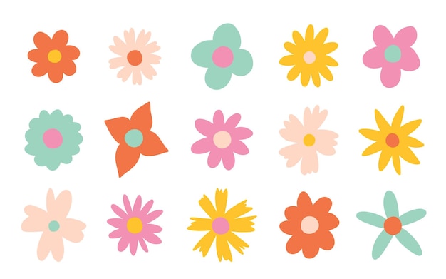 Blumen-Set im Stil der 70er-Jahre mit groovy Gänseblümchen Retro-Blumen-Naive-Vektor-Design