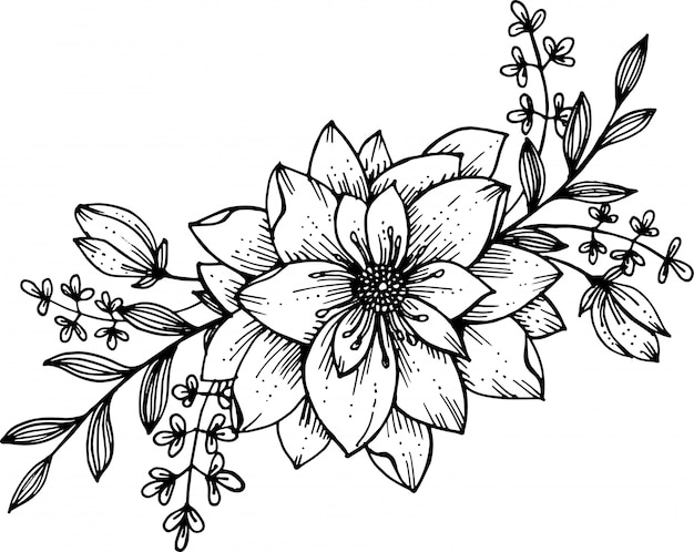 Blumen strichzeichnungen. hand der blumenkomposition gezeichnet mit tintenstift