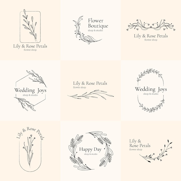 Blumen- und botanisches Logo Minimalistische elegante Blumenabzeichen mit dekorativen Elementen Blumenmonogramme für Naturkosmetikmarken Vektor-Set