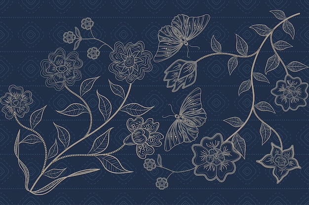 Blumen- und schmetterlingsliniendesign im traditionellen batik-stil für textile stoffe und muster