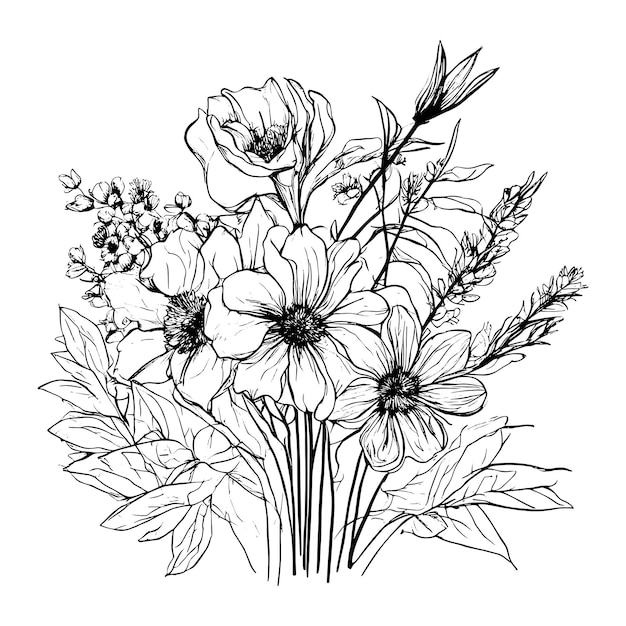 Blumen, wildblumen, handgezeichnete illustration, skizze, druck, textiler hintergrund, muster, naturpflanze