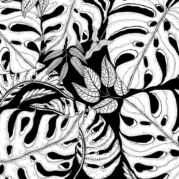 Vektor blumen-zentangle-doodle-malseite für erwachsene. monstera leaves anti-stress-malbuch auf schwarz