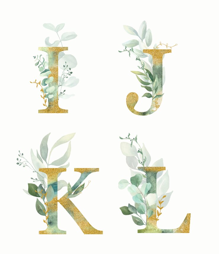 Blumenalphabet, Buchstaben gesetzt - I, J, K, L mit Aquarellgrün und Blattgold.