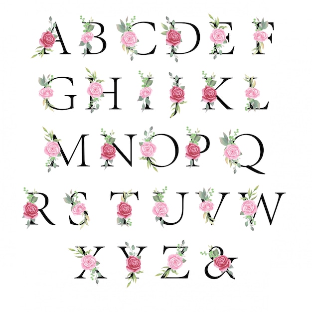 Blumenalphabetsatz, Buchstaben mit Aquarellblumen und Blatt für Hochzeitseinladung