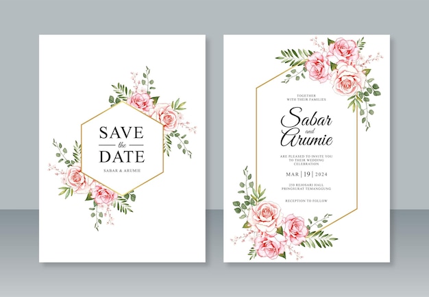 Vektor blumenaquarellmalerei und geometrischer rahmen für hochzeitseinladungsschablone