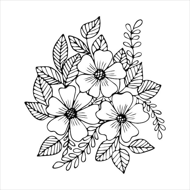 Blumenarrangement handgezeichnet im stil eines doodles oder einer skizze, schwarz-weiße vektorillustration