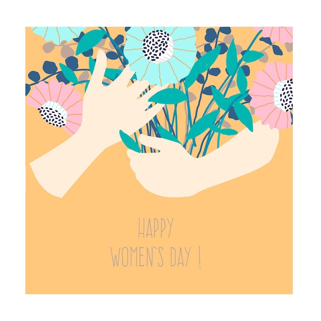 Vektor blumenbanner handbüchel happy women's day text quadratisches poster mit blühenden cartoonblumen und blättern süße kreative dekoration grußkarte oder postkarte vektor blumenillustration