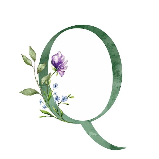 Blumenbuchstaben mit botanischem Bouquet Hochzeitswasserfarben handgemalte Einladungen rosa lila Korallen Gänseblümchen süße Erbsen Wiese Blumen Grußkarte Geburtstag Logo Poster