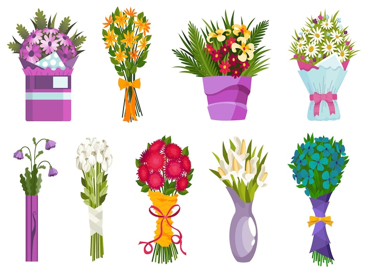 Vektor blumenbüchsen-ikonensatz karikaturblütende pflanzengruppe für vase oder töpfe farbige wiese grünheit gartenblumen vektor schöne flache dekorative blumenknospen zusammensetzung