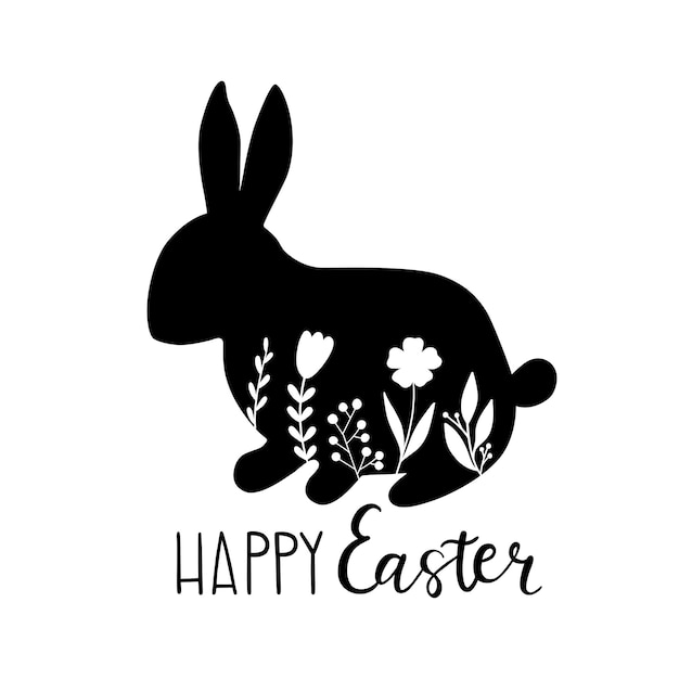 Blumenhasen-Silhouette mit handgezeichnetem Schriftzug Happy Easter Spring Farmhouse Design