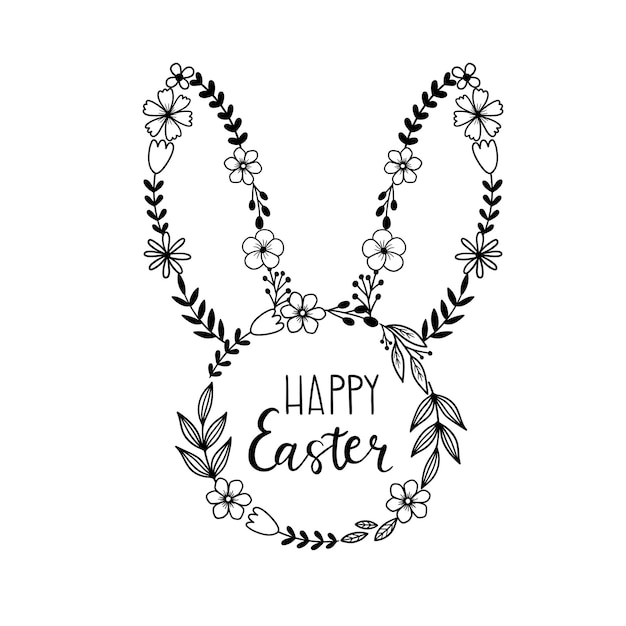 Vektor blumenhasen-silhouette mit handgezeichnetem schriftzug happy easter spring farmhouse design