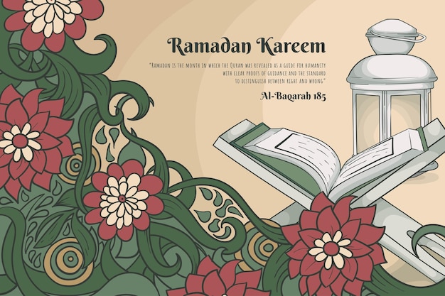 Blumenhintergrund und qur39an in handgezeichnetem design für ramadan kareem oder eid mubarak-vorlage