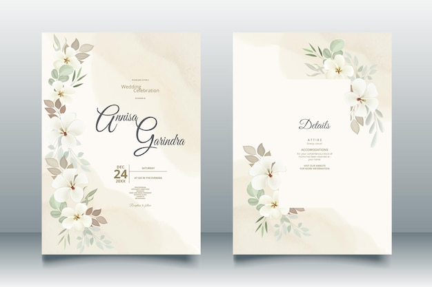 Vektor blumenhochzeitseinladungsschablonensatz mit weißer blumen- und blattdekoration premium vector