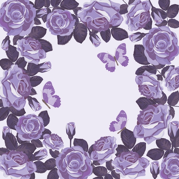 Blumenkartenschablone mit violetten Rosen und Schmetterlingen