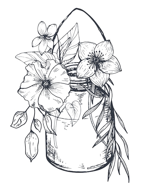 Blumenkomposition. blumensträuße mit handgezeichneten blumen und pflanzen im glas. monochrome illustration im skizzenstil.