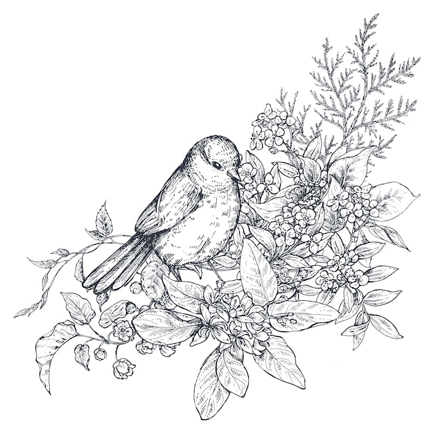 Blumenkomposition. blumenstrauß mit handgezeichneten blumen, blütenzweigen, blättern und vogel. monochrome vektorillustration im skizzenstil.