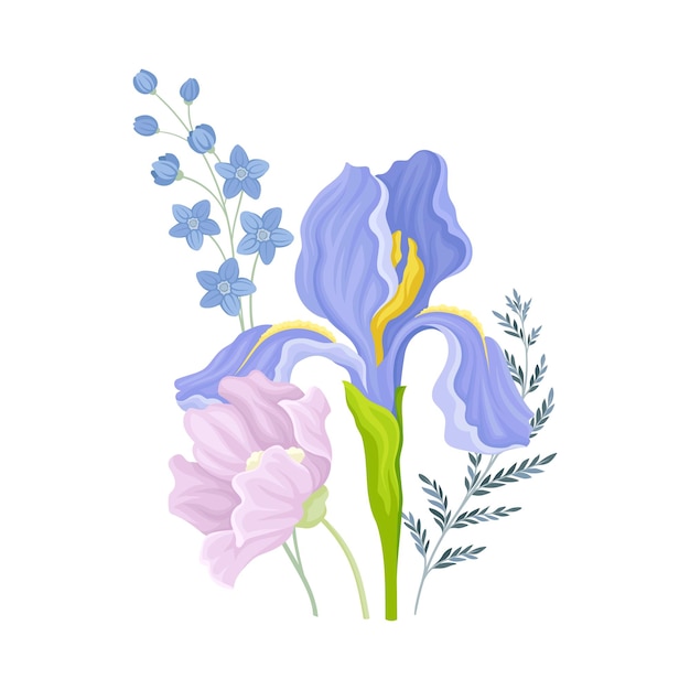 Vektor blumenkomposition mit violetter auffälliger irisblüte auf grüner aufrecht stehender stammvektorillustration
