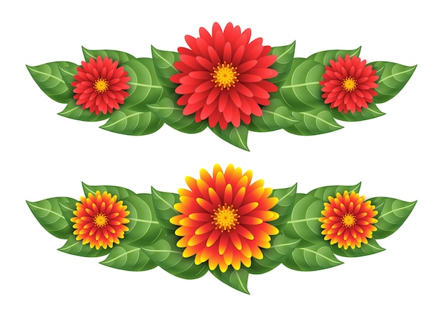 Vektor blumenkranse aus roten und orangefarbenen blüten und grünen blättern vektorillustration