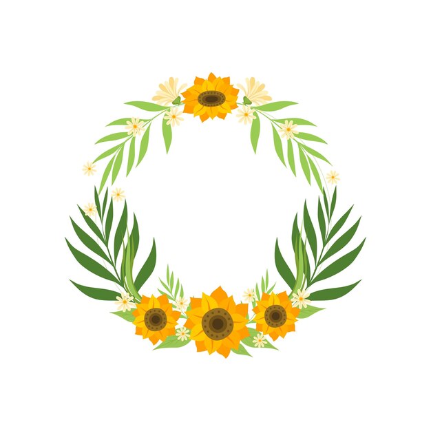 Blumenkranz mit sonnenblumen und blättern kreisrahmen mit platz für text designelement für grußkarten einladung vektorillustration auf weißem hintergrund