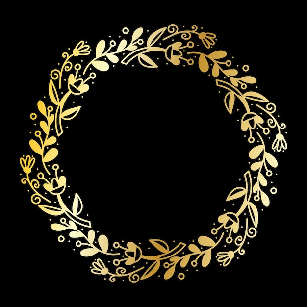 Blumenkranzschablone des goldenen farbverlaufs lokalisiert auf schwarzem hintergrund. gestaltungselement runder rahmen für banner, einladungen, postkarten