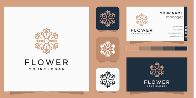 Blumenlogo mit strichgrafikart und visitenkarte