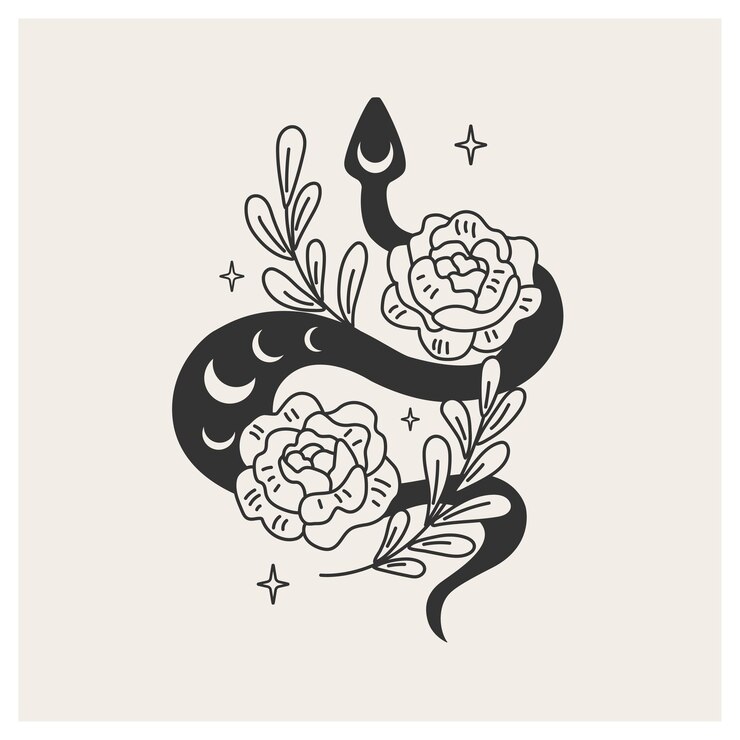 Vektor blumenmagische schlange mystische schwarze schlange unter blumen vektorillustration