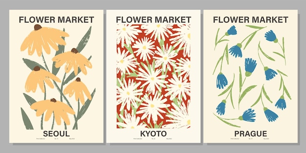 Blumenmarkt-poster-set. abstrakte blumenillustration. vintages plakat der botanischen wandkunstsammlung