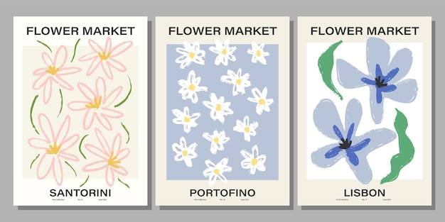 Blumenmarkt-poster-set. abstrakte blumenillustration. vintages plakat der botanischen wandkunstsammlung