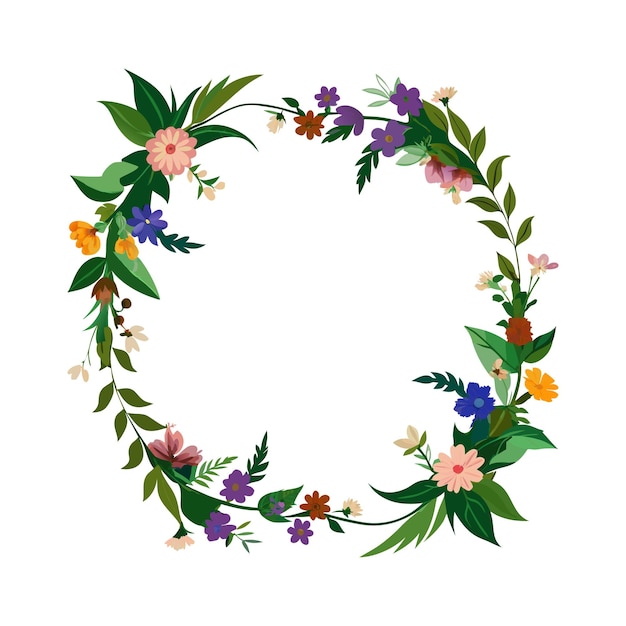 Blumenrahmen mit Blumen und Blättern auf weißem Hintergrund
