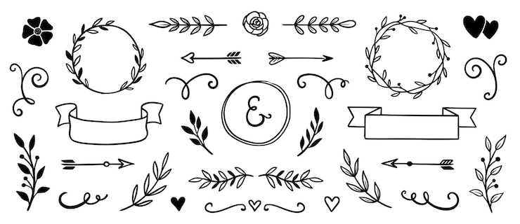 Vektor blumenrahmen vintage-band doodle-element hand gezeichnetes doodle süßes blumenrand pfeil banner-band-set hochzeitswirbel-element blumenrahmen blumen dekoratives element vektor-illustration