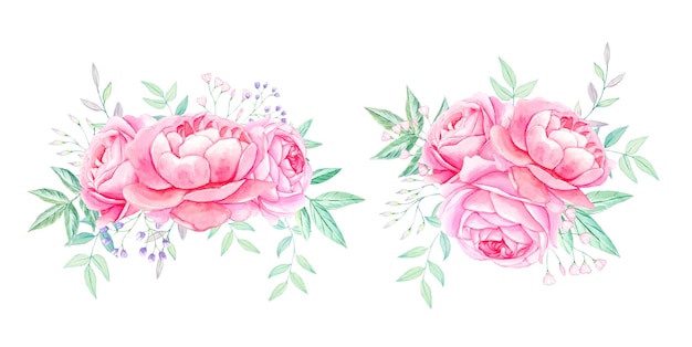 Blumensträuße aus rosa pfingstrosen in aquarell