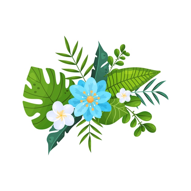 Blumensträuße von tropischen Blumen und Blättern lokalisiert auf Weiß