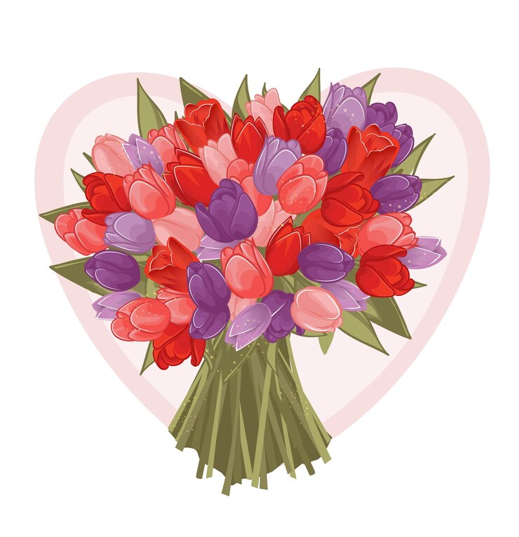 Vektor blumenstrauß aus bunten frühlingstulpen auf herzhintergrund