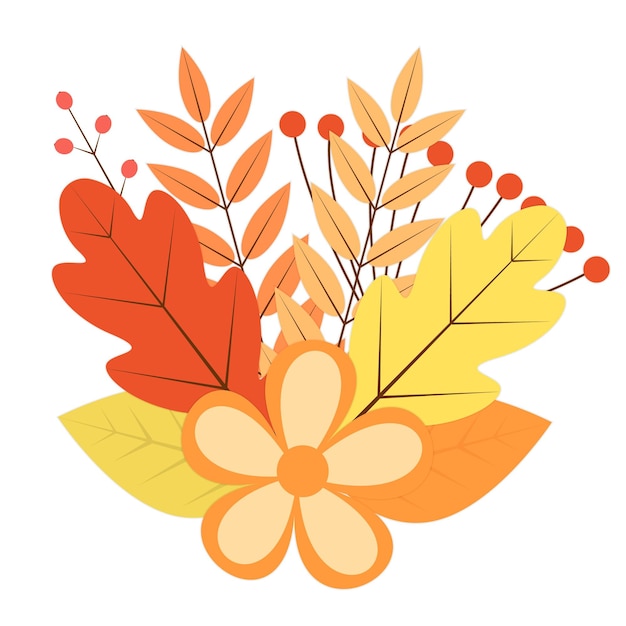 Vektor blumenstrauß aus bunten herbstblättern, beeren und blumen fallthema-vektorillustration thanksgiving day-grußkarte oder -einladung einfach zu bearbeitende designvorlage für ihre kunstwerke