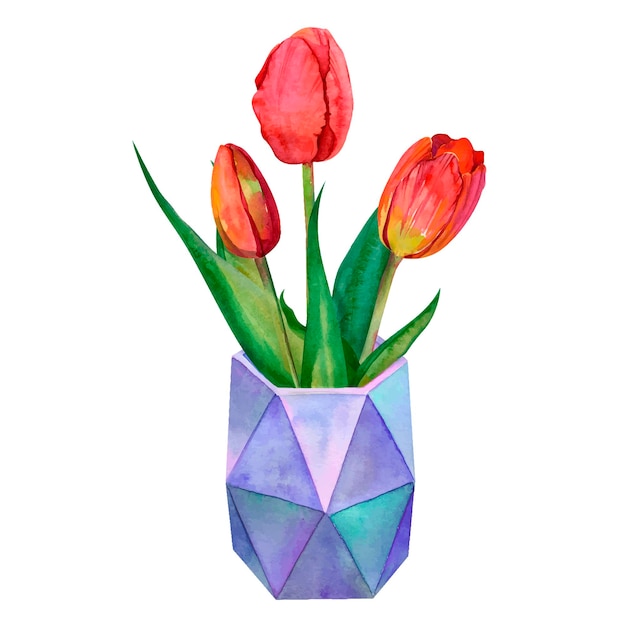 Blumenstrauß aus Tulpen in einer lila Vase Aquarell-Vektor-Illustration isoliert auf weißem Hintergrund