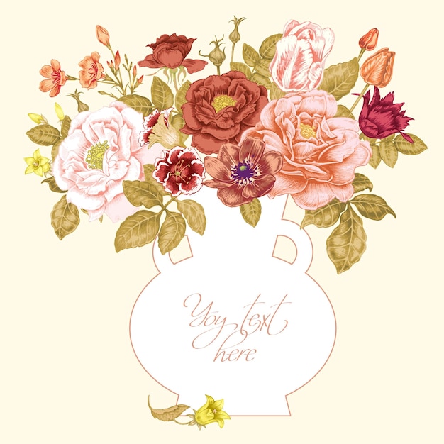 Blumenstrauß garten pfingstrosen und rosen platz für text vintage card