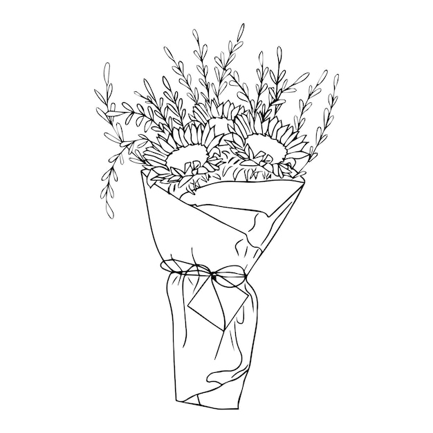 Blumenstrauß in der hand handgezeichnete vektor-lineart-illustration zeichnung im stil einer linie