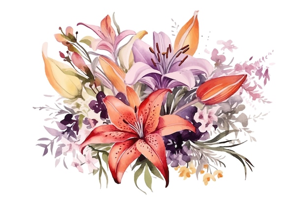 Blumenstrauß Lilien Natur botanische dekorative Sammlung Vektorillustration isolierte Sammlung tropisches Blattset