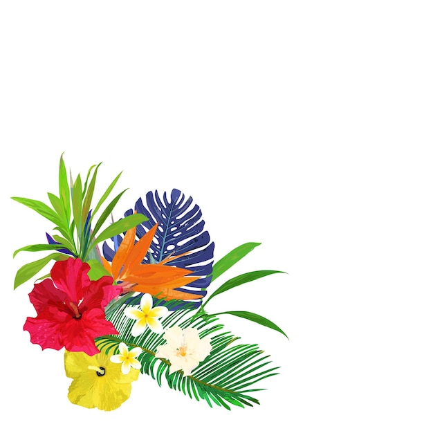 Vektor blumenstrauß mit tropischen pflanzen set mit palmblättern hibiscus strelitzia plumeria vektorillustration