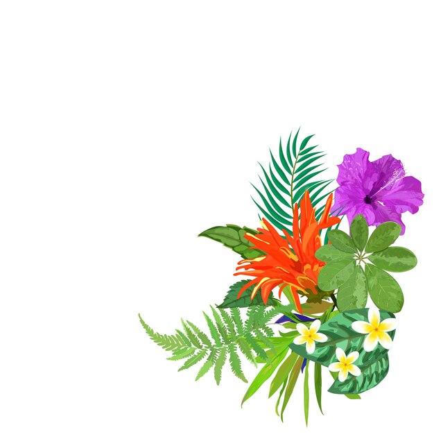 Vektor blumenstrauß mit tropischen pflanzen set mit palmblättern hibiskusfarn plumeria vektorillustration