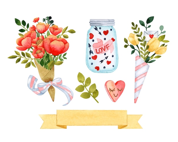 Blumenstrauß Valentinstag Aquarell Set isolierte Elemente