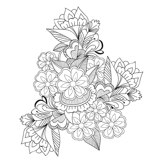 Blumenstrauß von Doodle floral handgezeichnete Umrissskizze Vektor Illustration schöne Zierblumen