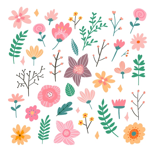 Blumenstrauß von Hand gezeichneten Fantasievolksblumen. Botanische Illustration im flachen Cartoon-Stil. Großartig als Banner, Print und Karte.