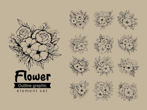 Blumenumriss-doodle-skizze-vektorset-sammlung