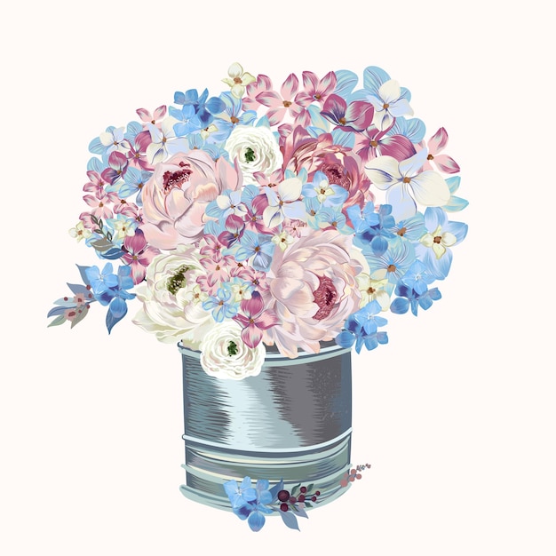 Blumenvektorillustration mit blühenden Vintage-Rosen und Hortensien